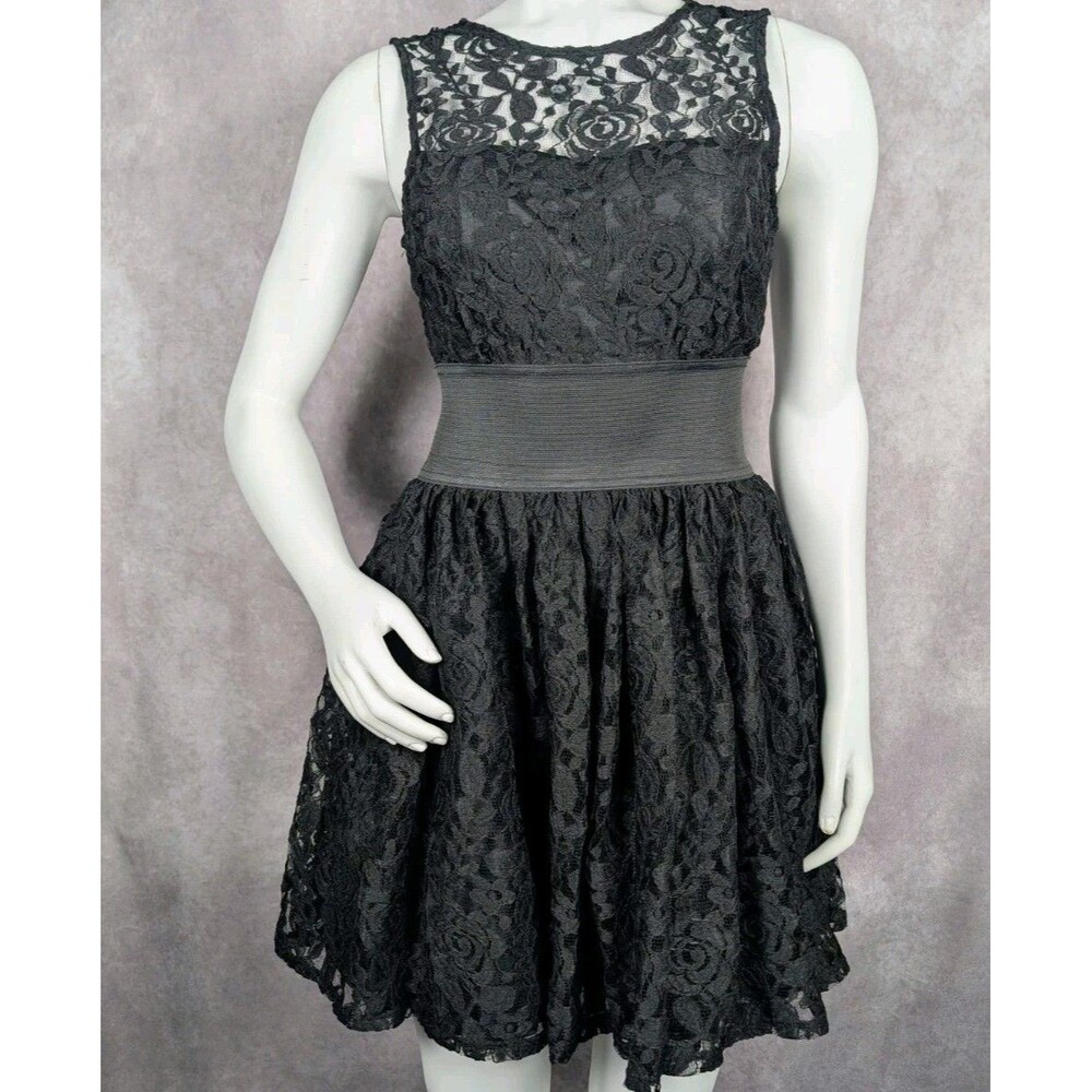Windsor Black Lace Fit & Flare Mini Dress Round Neck Open Back Bow Zip M